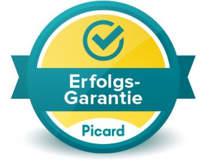 Erfolgs-Garantie: Das Siegel von Picard mit einem Häkchen in einem Kreis und dem Versprechen, die optimale Lösung für das Gehör zu finden.