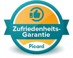 Zufriedenheits-Garantie: Das Siegel von Picard mit einem lächelnden Gesicht im Kreis, symbolisiert die Gewährleistung der Kundenzufriedenheit mit modernster Hörgeräte-Technologie.