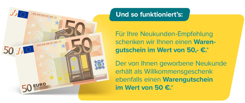 Das Bild zeigt zwei fünfzig Euro Geldscheine und darauf einen Text, der ein Empfehlungsprogramm beschreibt: Für eine Neukundenempfehlung gibt es sowohl für den Werbenden als auch für den Neukunden jeweils einen Warengutschein im Wert von 50 Euro als Willkommensgeschenk.