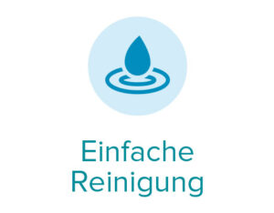 Die Grafik zeigt einen hellblauen Kreis mit einem Tropfen-Wasser-Symbol in der Mitte, darunter der Text "Einfache Reinigung", was die unkomplizierte Pflege und Wartung von Hörgeräten betont.